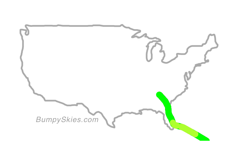 Map of continental US with illustrated flight path and turbulence forecast (described in text below)