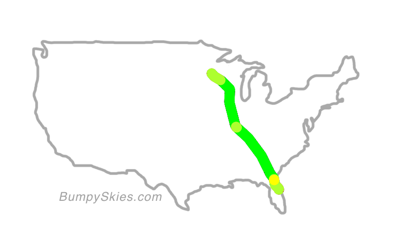 Map of continental US with illustrated flight path and turbulence forecast (described in text below)