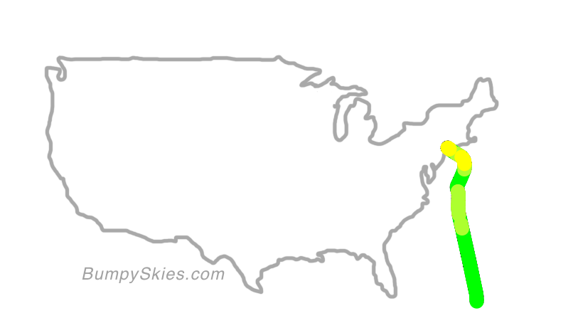 Map of continental US with illustrated flight path and turbulence forecast (described in text below)