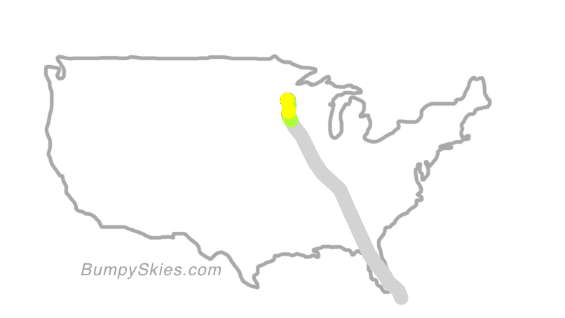 Map of continental US with illustrated flight path and turbulence forecast (described in text below)