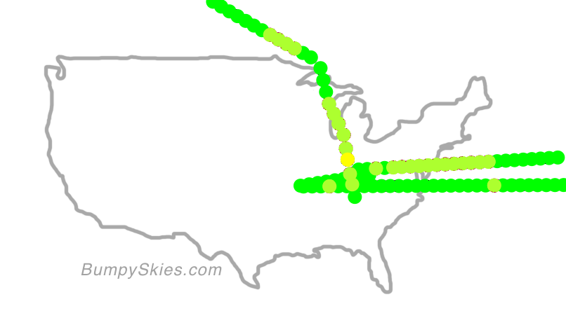 Map of continental US with illustrated flight path and turbulence forecast (described in text below)