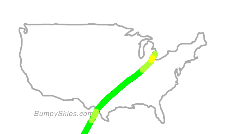 Map of continental US with illustrated flight path and turbulence forecast (described in text below)
