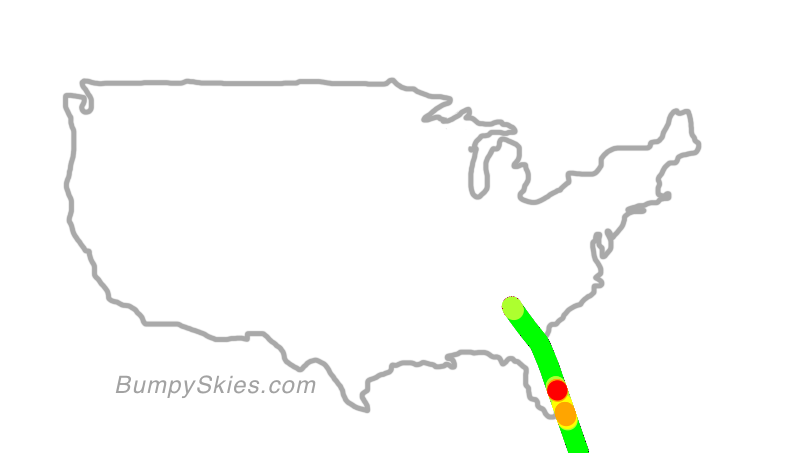 Map of continental US with illustrated flight path and turbulence forecast (described in text below)