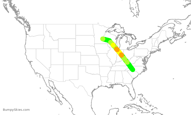 Turbulence forecast map for DAL1912, CLT to MSP