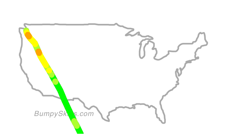 Map of continental US with illustrated flight path and turbulence forecast (described in text below)