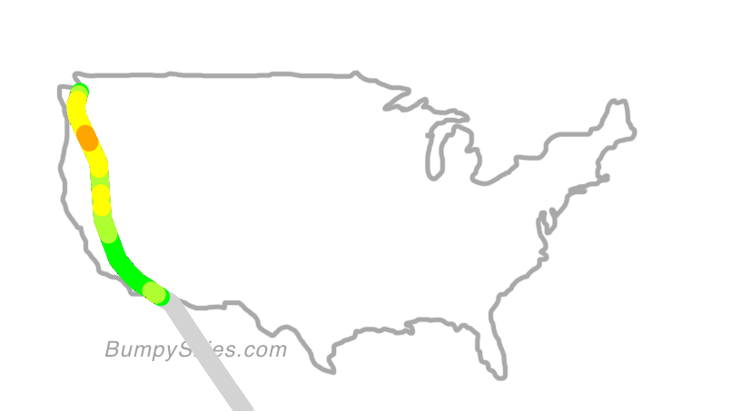 Map of continental US with illustrated flight path and turbulence forecast (described in text below)