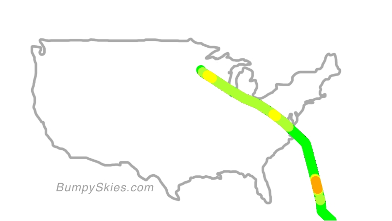 Map of continental US with illustrated flight path and turbulence forecast (described in text below)