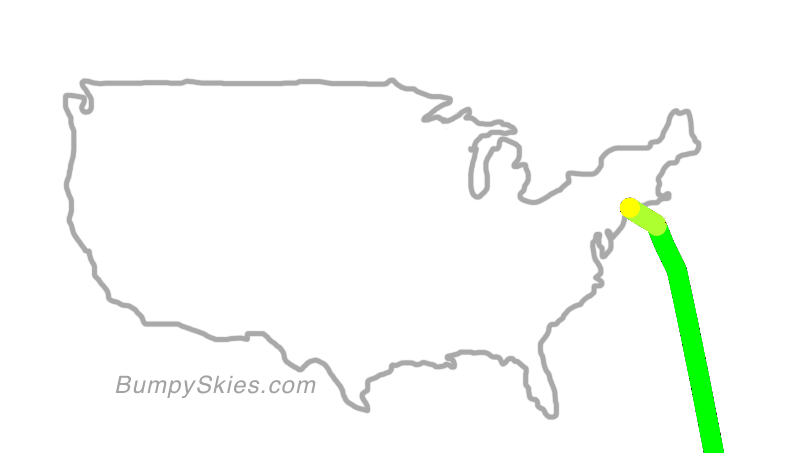 Map of continental US with illustrated flight path and turbulence forecast (described in text below)