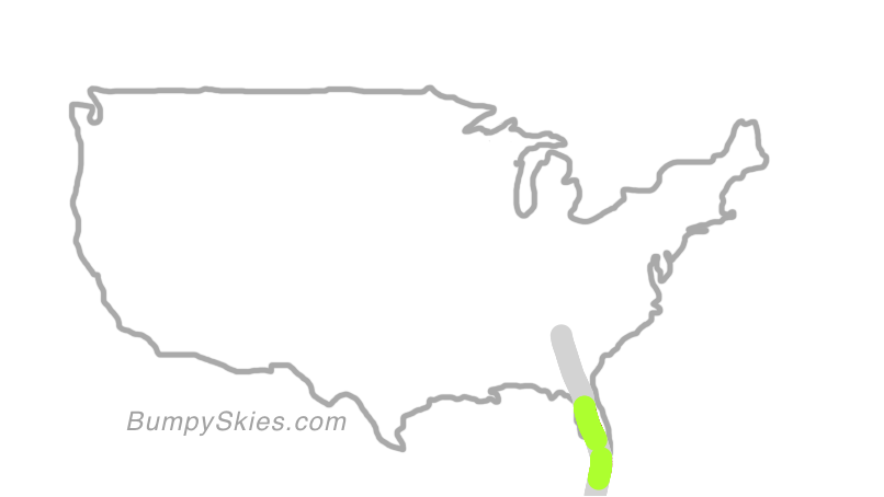 Map of continental US with illustrated flight path and turbulence forecast (described in text below)