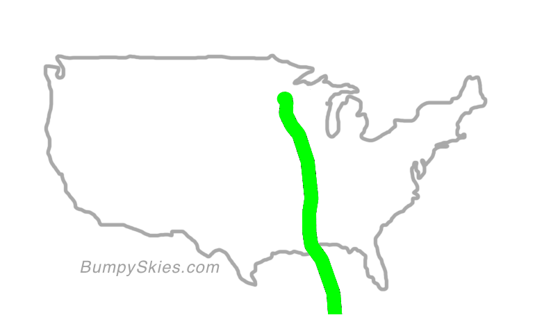 Map of continental US with illustrated flight path and turbulence forecast (described in text below)