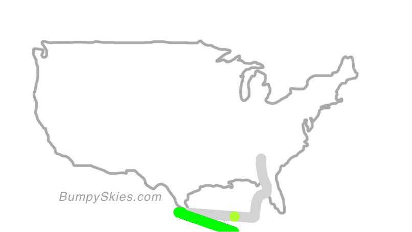 Map of continental US with illustrated flight path and turbulence forecast (described in text below)