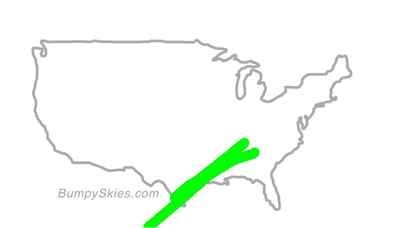 Map of continental US with illustrated flight path and turbulence forecast (described in text below)
