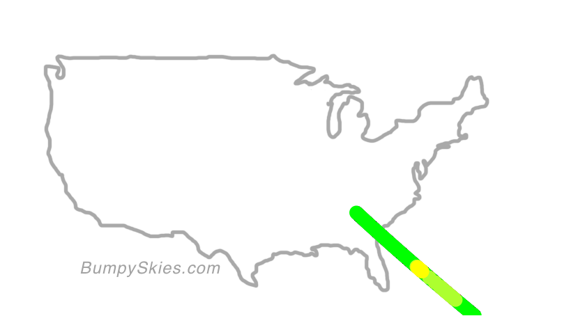 Map of continental US with illustrated flight path and turbulence forecast (described in text below)