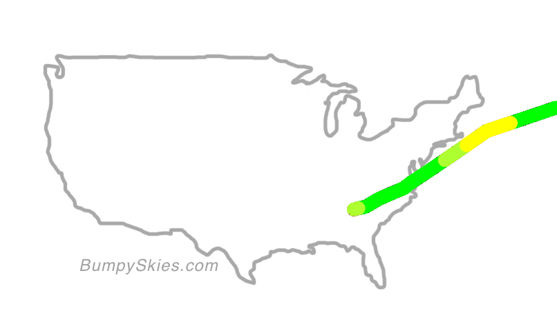 Map of continental US with illustrated flight path and turbulence forecast (described in text below)