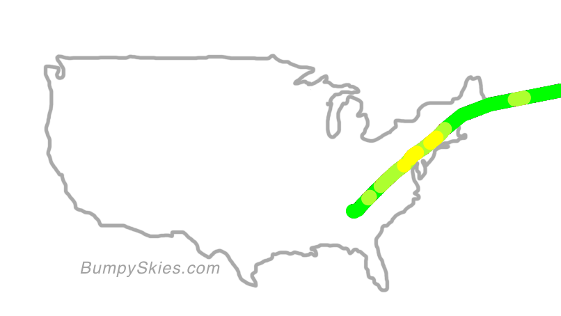 Map of continental US with illustrated flight path and turbulence forecast (described in text below)
