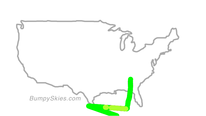 Map of continental US with illustrated flight path and turbulence forecast (described in text below)