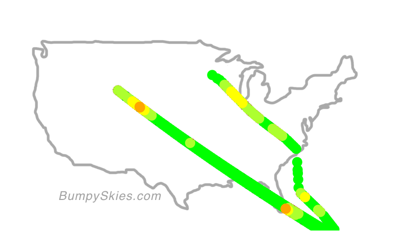 Map of continental US with illustrated flight path and turbulence forecast (described in text below)