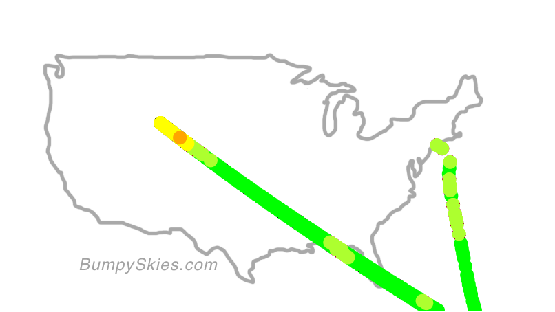Map of continental US with illustrated flight path and turbulence forecast (described in text below)