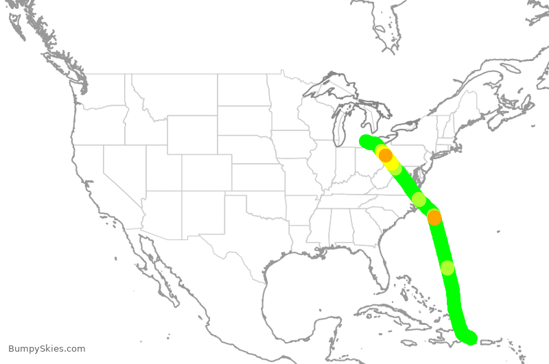 Turbulence forecast map for DAL1995, DTW to PUJ
