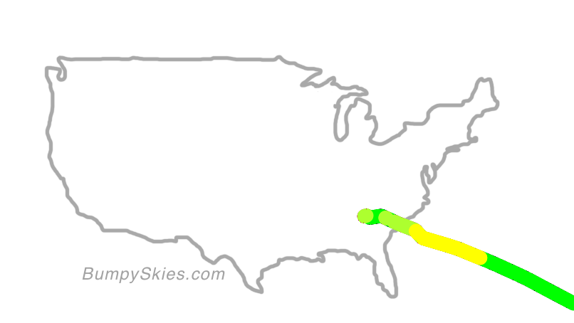 Map of continental US with illustrated flight path and turbulence forecast (described in text below)