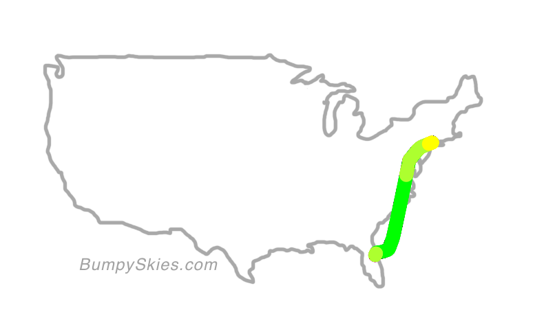 Map of continental US with illustrated flight path and turbulence forecast (described in text below)