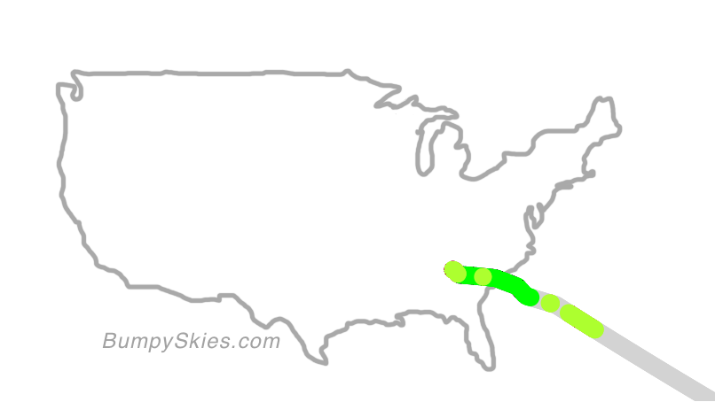Map of continental US with illustrated flight path and turbulence forecast (described in text below)