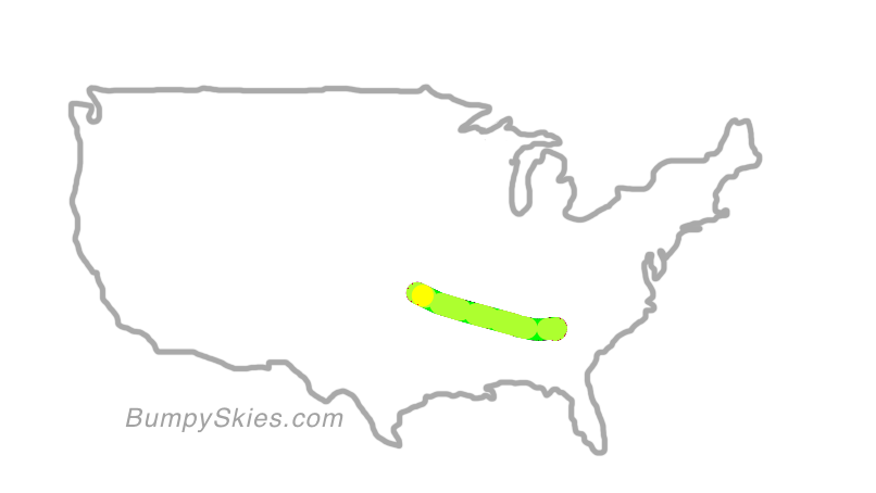 Map of continental US with illustrated flight path and turbulence forecast (described in text below)