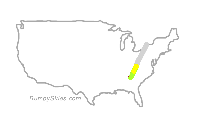 Map of continental US with illustrated flight path and turbulence forecast (described in text below)