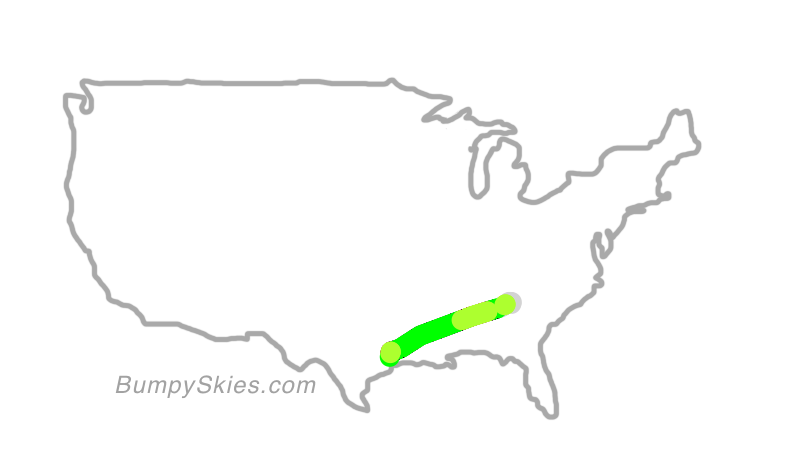 Map of continental US with illustrated flight path and turbulence forecast (described in text below)