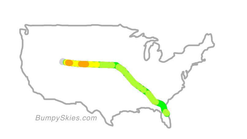Map of continental US with illustrated flight path and turbulence forecast (described in text below)