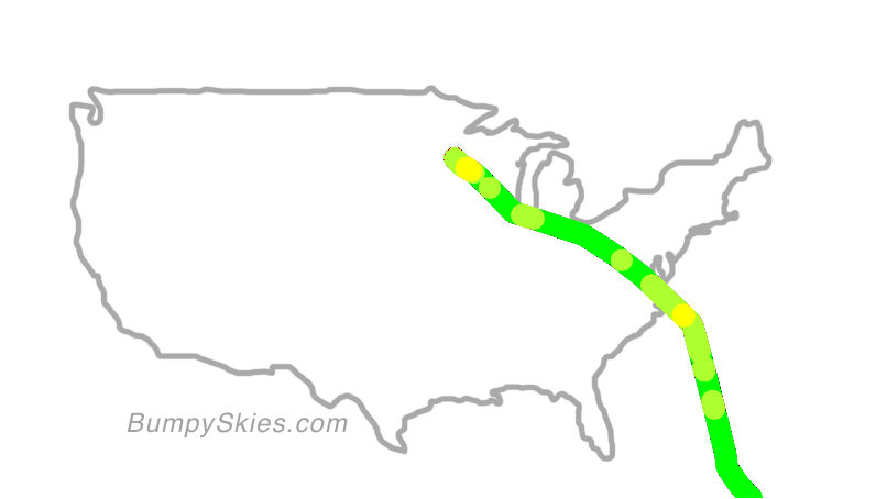 Map of continental US with illustrated flight path and turbulence forecast (described in text below)