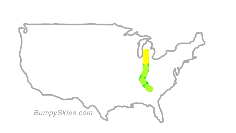 Map of continental US with illustrated flight path and turbulence forecast (described in text below)