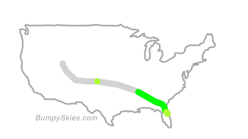 Map of continental US with illustrated flight path and turbulence forecast (described in text below)