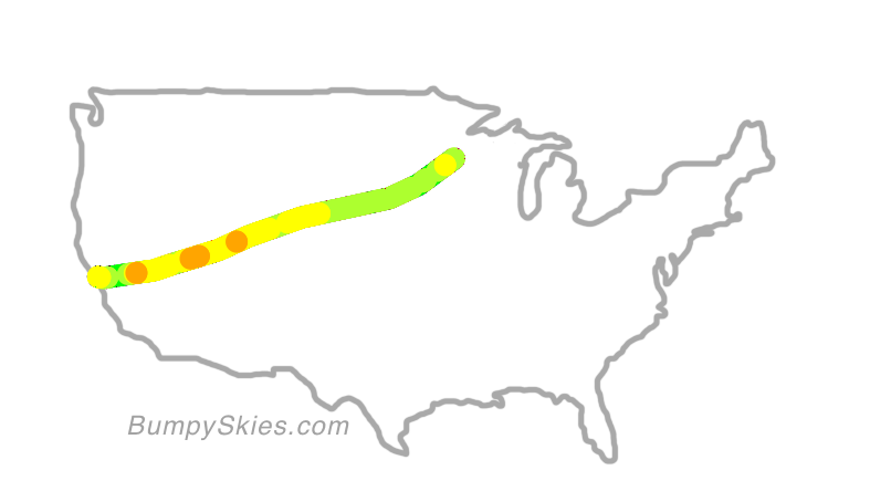 Map of continental US with illustrated flight path and turbulence forecast (described in text below)