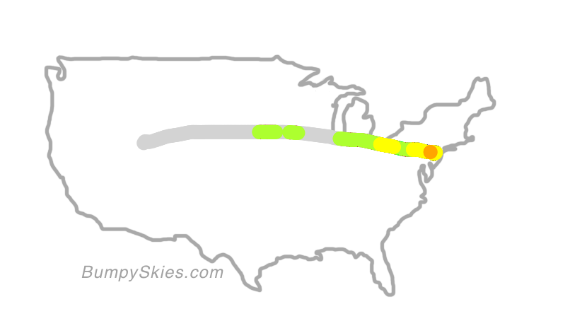 Map of continental US with illustrated flight path and turbulence forecast (described in text below)