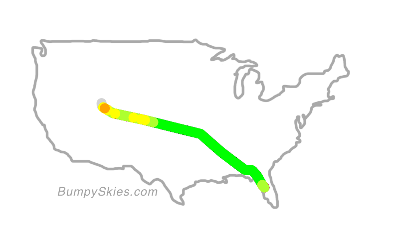 Map of continental US with illustrated flight path and turbulence forecast (described in text below)