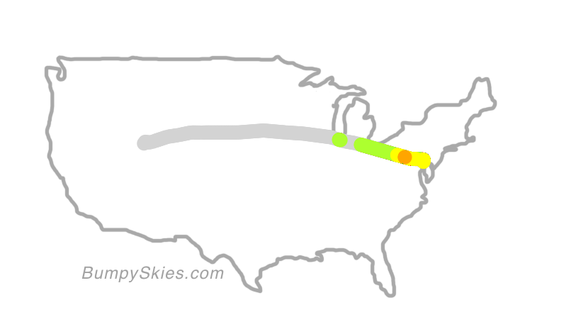 Map of continental US with illustrated flight path and turbulence forecast (described in text below)