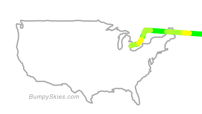 Map of continental US with illustrated flight path and turbulence forecast (described in text below)