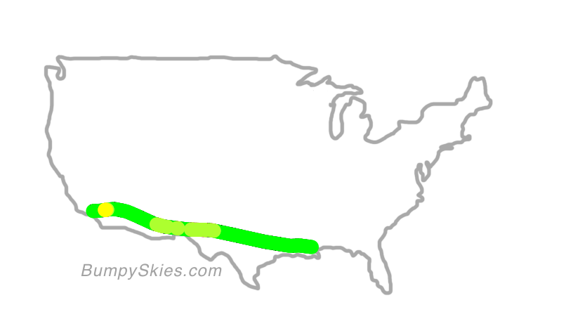 Map of continental US with illustrated flight path and turbulence forecast (described in text below)