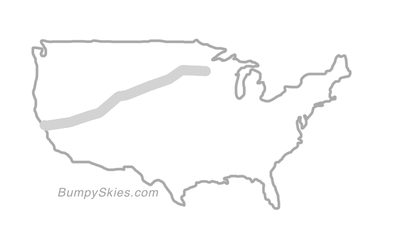 Map of continental US with illustrated flight path and turbulence forecast (described in text below)
