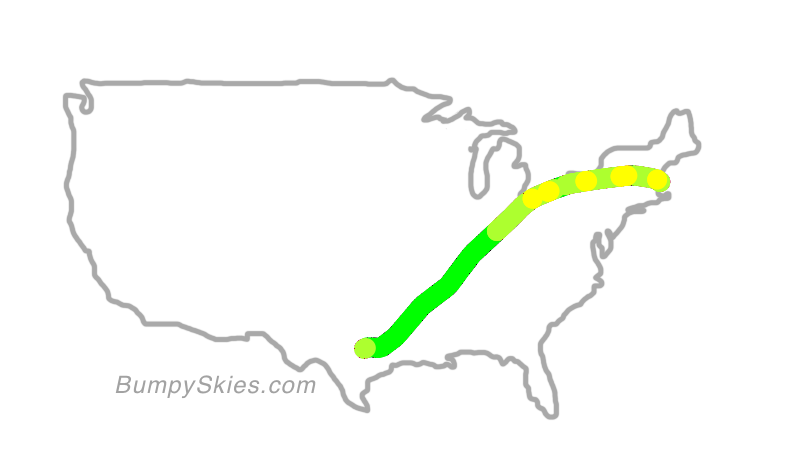 Map of continental US with illustrated flight path and turbulence forecast (described in text below)
