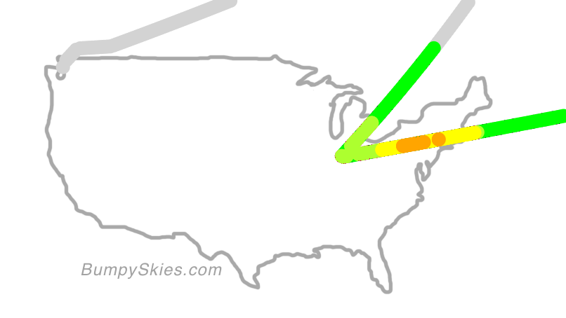 Map of continental US with illustrated flight path and turbulence forecast (described in text below)