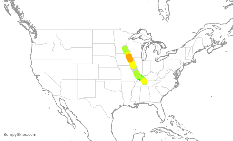 Turbulence forecast map for DAL2101, MSP to BNA