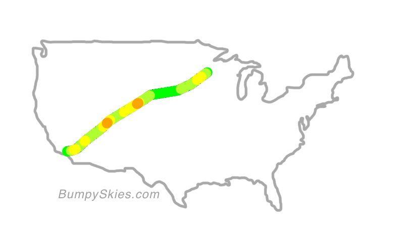 Map of continental US with illustrated flight path and turbulence forecast (described in text below)
