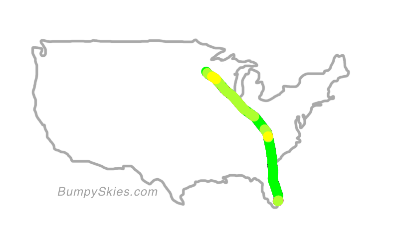 Map of continental US with illustrated flight path and turbulence forecast (described in text below)