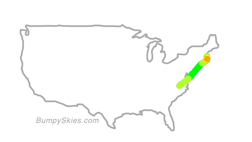 Map of continental US with illustrated flight path and turbulence forecast (described in text below)