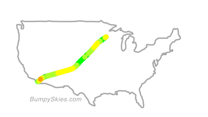 Map of continental US with illustrated flight path and turbulence forecast (described in text below)