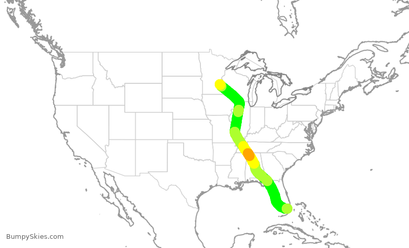 Turbulence forecast map for DAL2129, MSP to MIA