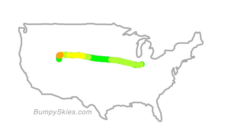 Map of continental US with illustrated flight path and turbulence forecast (described in text below)