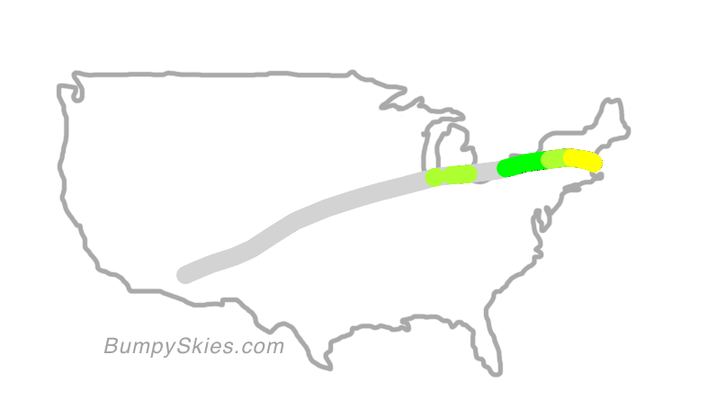 Map of continental US with illustrated flight path and turbulence forecast (described in text below)